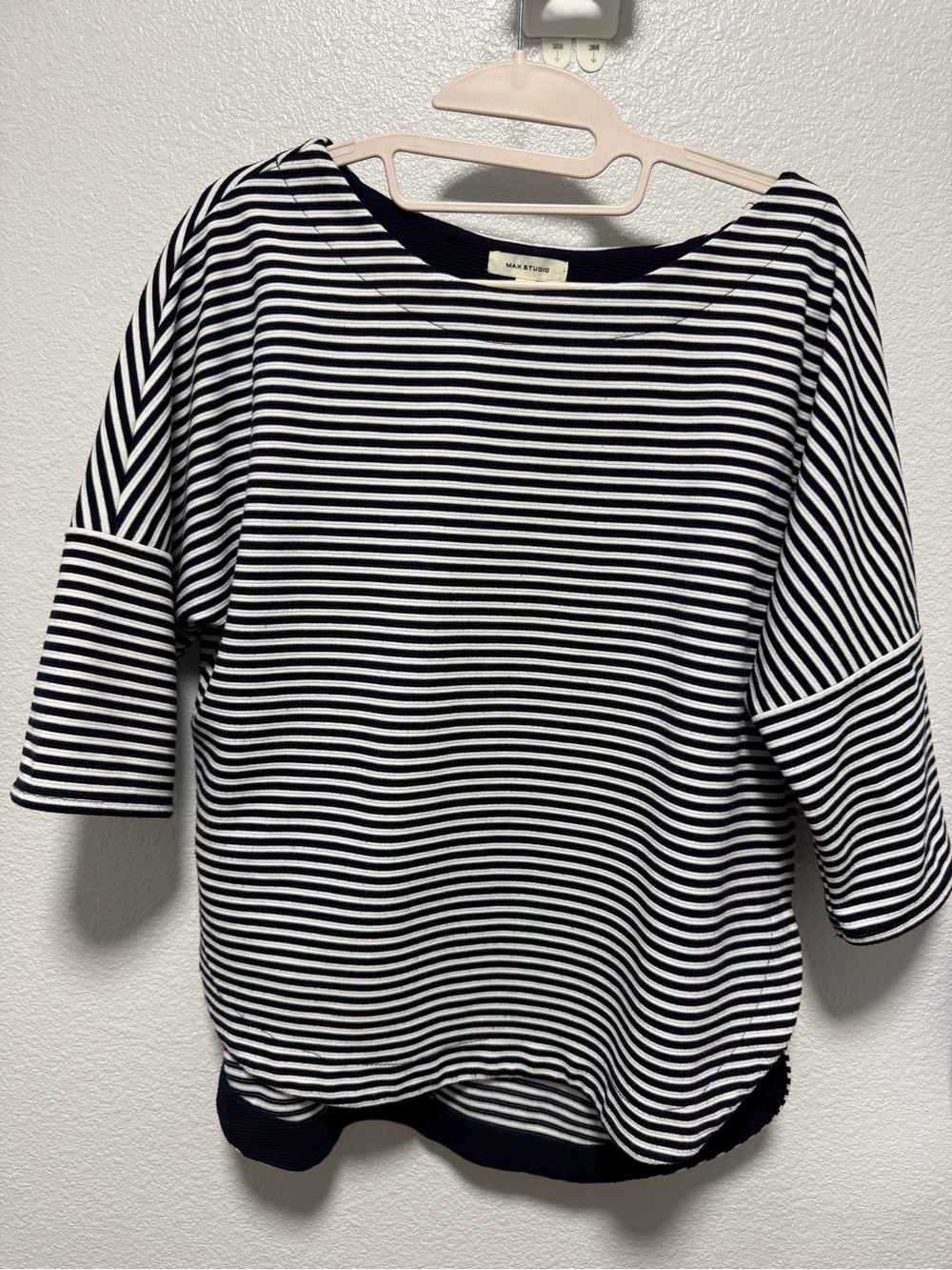 Max Studio Navy & White Striped Boatneck Top